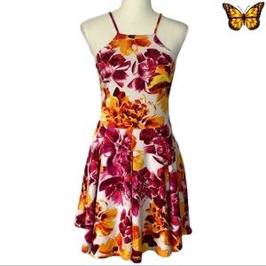 Bebe Floral Sleeveless Bib Neckline Skater Dress Size Small